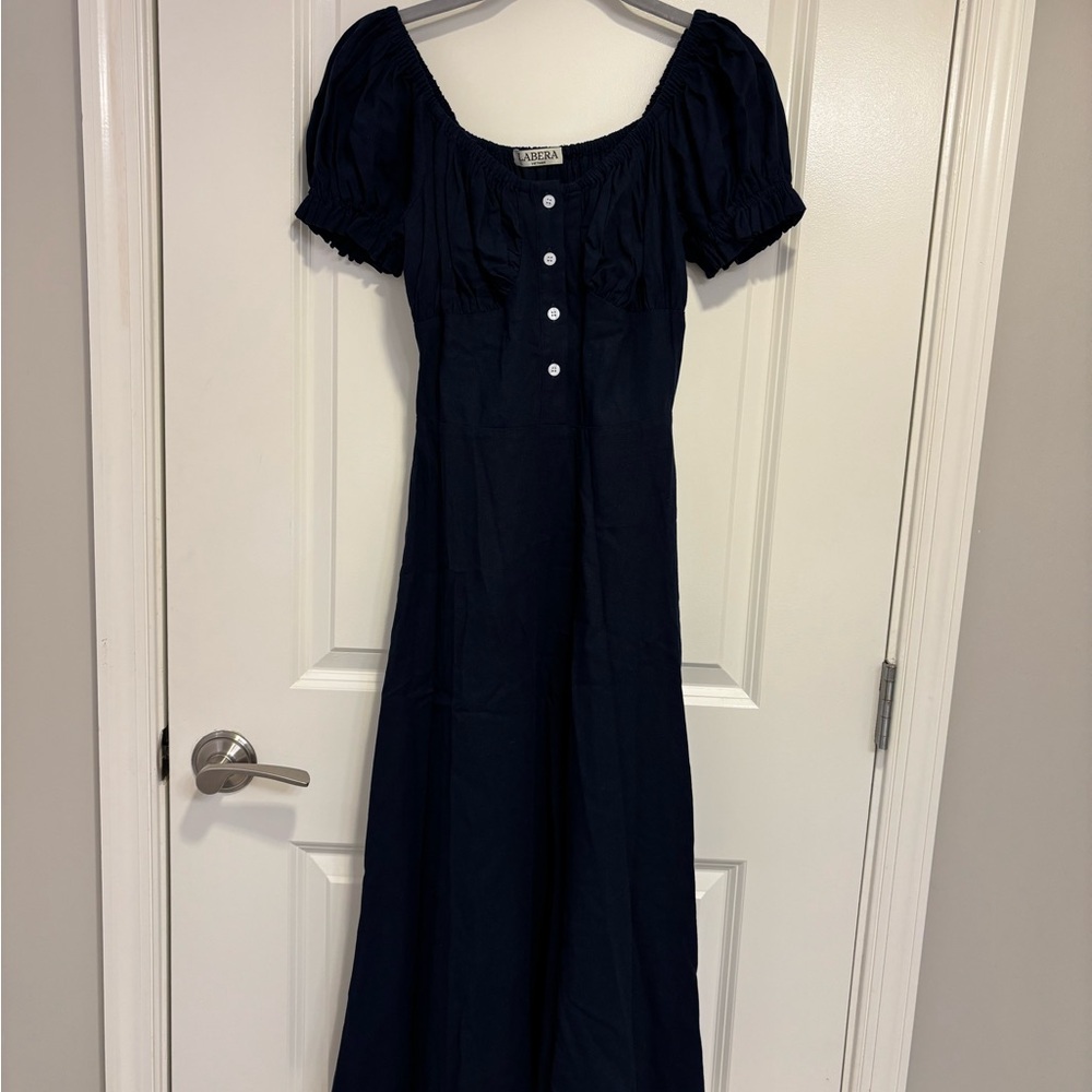 La Bera Vietnam Navy Puff-Sleeve Button-Front Midi Dress